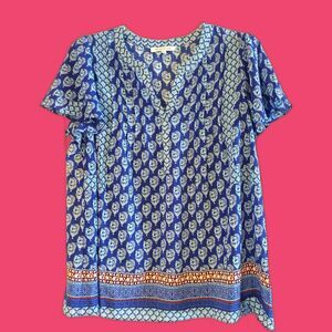 Rose & Olive Blue Boho Tunic Peasant Blouse V Neck 1/2 Button Up 1X Pleats